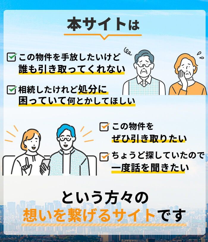 この物件を手放したいけど誰も引き取ってくれない。相続したけれど処分に困っていて何とかしてほしい。この物件をぜひ引き取りたい。ちょうど探していたので一度話を聞きたい。という方々の想いを繋げるサイトです